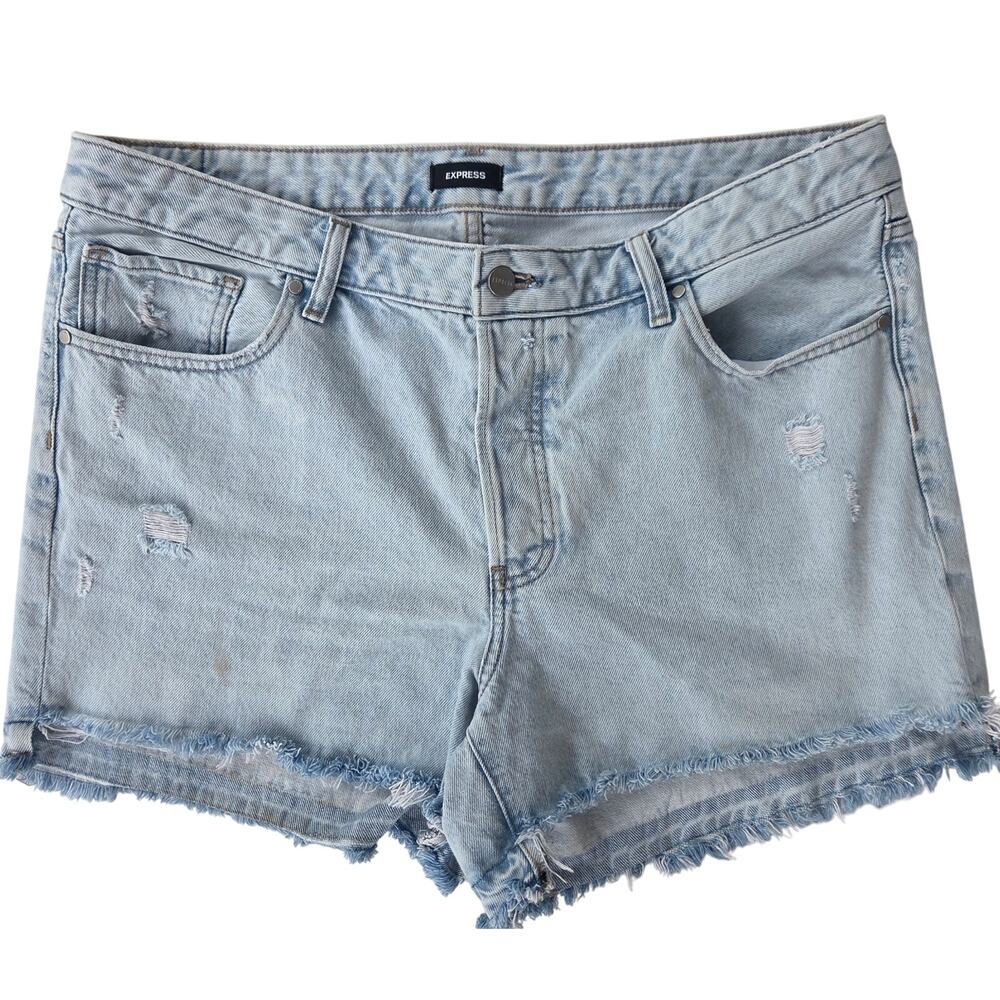 Womens Relaxed  Distressed Midi Denim Jeans Shorts 14 Light Wash Ripped Grunge